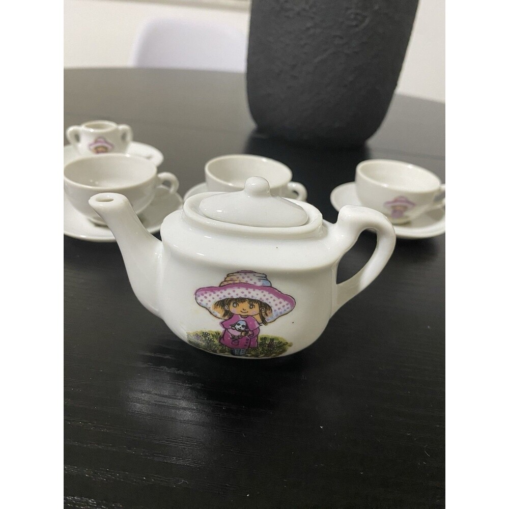 Vintage 1970s Miniature Ceramic Tea Pot Girl with Doll Japan